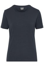 A short-sleeved, round-neck women's t-shirt in dark grey with a logo on the chest area.
