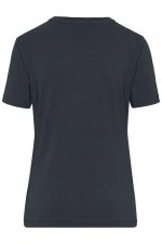 A dark grey women's t-shirt with a classic round neckline and short sleeves, featuring a logo on the back.