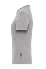 A grey short-sleeve women's t-shirt with a fitted style and a logo at the hem.
