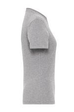 A grey ladies' t-shirt with short sleeves and a fitted style, featuring a logo on the design.