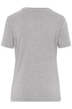 A grey women's T-shirt with short sleeves and a subtle texture, featuring a logo on the back.