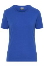 A blue ladies' t-shirt with a round neckline and short sleeves. It features a logo on the label.