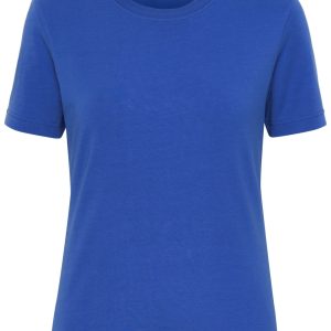 A blue ladies' t-shirt with a round neckline and short sleeves. It features a logo on the label.