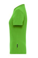A green ladies' t-shirt with a fitted design, featuring a side view and a logo tag.