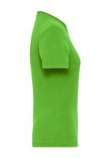 A green ladies' T-shirt in a side view with a fitted design, featuring a logo on the fabric.