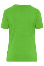 A green ladies' t-shirt with short sleeves, featuring a smooth fabric and a simple design. It has a logo on the back.