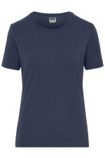 A navy blue women's t-shirt with a crew neck and short sleeves, featuring a logo on the label.
