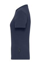 A navy blue ladies' T-shirt with a slim fit, featuring short sleeves and a logo on the side.
