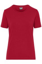 A red short-sleeve t-shirt for women, featuring a classic crew neck design and a logo on the label.