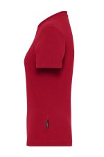 A red ladies' T-shirt features a fitted design and short sleeves. It has a logo on the side.