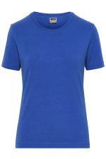 A blue ladies' T-shirt with short sleeves and a round neck. It features a logo on the label.