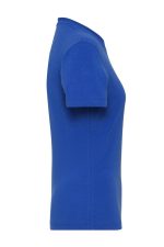 A blue ladies' t-shirt with a fitted silhouette, featuring short sleeves and a logo on the side.