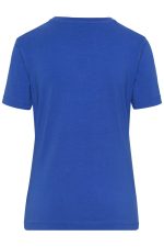 A blue ladies' T-shirt with a plain back design and short sleeves, featuring a logo.