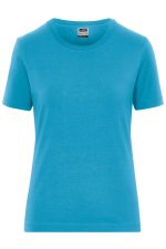 A blue short-sleeved women's t-shirt with a round neckline and a label inside. It features a logo.