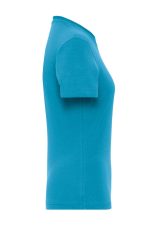 A turquoise work T-shirt with a soft fabric and fitted design, featuring a logo on the side.