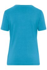 A turquoise ladies' t-shirt with short sleeves and a round neckline, featuring a logo on the back.