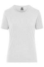 A light grey ladies' T-shirt with short sleeves, featuring a logo on the label.