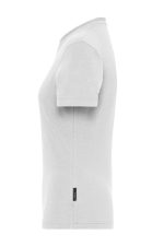 A side view of a white women's t-shirt featuring a branded label on the hem.