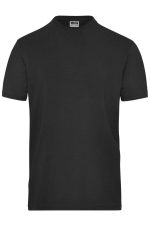 A black short-sleeve t-shirt with a round neckline and a logo on the label.
