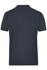 A dark grey men's T-shirt with a simple design, featuring short sleeves and a collar, with a logo on the back.