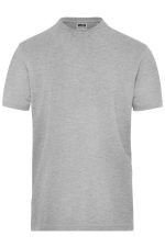 A grey short-sleeved T-shirt with a round neckline and a logo on the label.