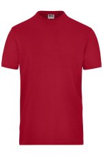 A red short-sleeved T-shirt with a round neckline and a logo. Suitable for workwear and casual wear.