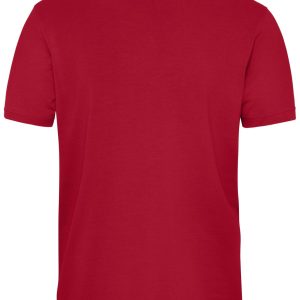 A red short-sleeved T-shirt with a round neckline and a logo. Suitable for workwear and casual wear.