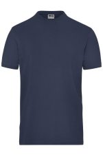 A navy blue men's T-shirt made from BIO stretch fabric, featuring a logo on the neckline.