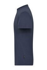A navy blue men's T-shirt with short sleeves and a fitted design. It features a subtle logo on the side.