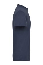 A navy blue men's T-shirt with a crew neckline and short sleeves, featuring a simple design and a logo.
