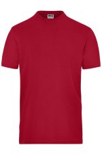 A red men's t-shirt with a round neckline and short sleeves, featuring a logo. Ideal for workwear.