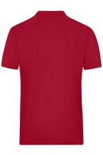 A red short-sleeved work t-shirt with a simple design and a logo on it.