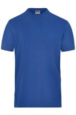A blue men's stretch T-shirt with a round neck and short sleeves, featuring a logo on the label.