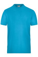 A bright blue men's stretch T-shirt with a crew neckline and short sleeves, featuring a logo on the label.