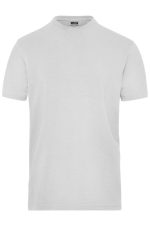 A plain grey short-sleeved T-shirt with a round neck and a logo on the upper tag area.