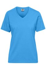 A blue ladies' workwear T-shirt with a V-neck and short sleeves, featuring a logo.