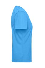 A blue ladies' workwear T-shirt displayed from the side, featuring short sleeves and a simple design.