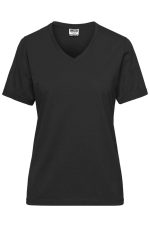 A black ladies' workwear T-shirt with a V-neck and short sleeves, featuring a logo on the label.