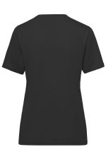 A black ladies' workwear T-shirt featuring short sleeves and a simple design, with a logo on the back.
