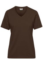 A brown ladies' V-neck work t-shirt with short sleeves and a branded label.