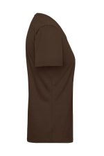 A brown ladies' workwear t-shirt featuring short sleeves and a side view design. It has a logo present.