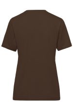 A brown ladies' workwear t-shirt with a simple design and short sleeves, featuring a logo on the back.