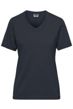 A ladies' dark navy v-neck workwear t-shirt with short sleeves and a simple design. Features a logo on the label.