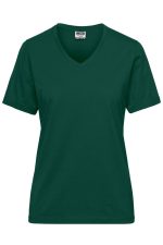 A women's V-neck work T-shirt in dark green with short sleeves and a logo on the label.