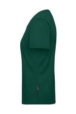 A green ladies' workwear T-shirt with short sleeves and a slim fit, featuring a small branding label.