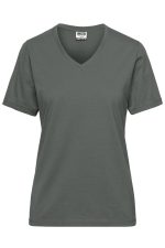 A grey V-neck work T-shirt for ladies featuring short sleeves and a simple design. Includes a logo.
