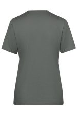 A grey women's work T-shirt with short sleeves and a simple design, featuring a branding logo.