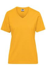 A yellow V-neck T-shirt designed for women, featuring short sleeves and a logo.