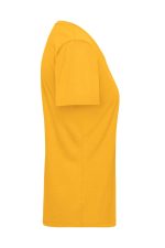 A yellow women's work T-shirt displayed from the side, featuring short sleeves and a plain design.