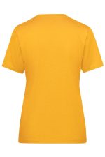 A yellow ladies' workwear T-shirt featuring a crew neck and short sleeves. It has a logo on the back.